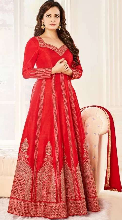 dia mirza red silk floor length