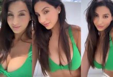 nora fatehi cleavage green bikini 1