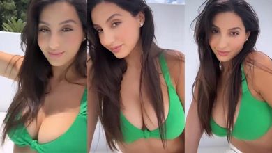 nora fatehi cleavage green bikini 1